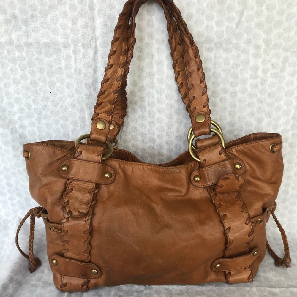 Kooba Tan Leather Braided-Handle Satchel